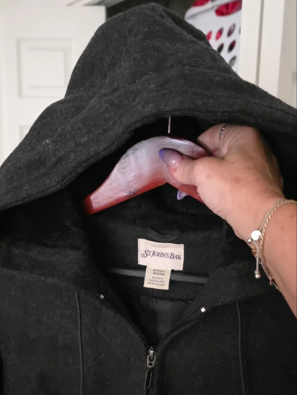 St. John's Bay Black Hooded Zip Jacket Lined Wool Like New